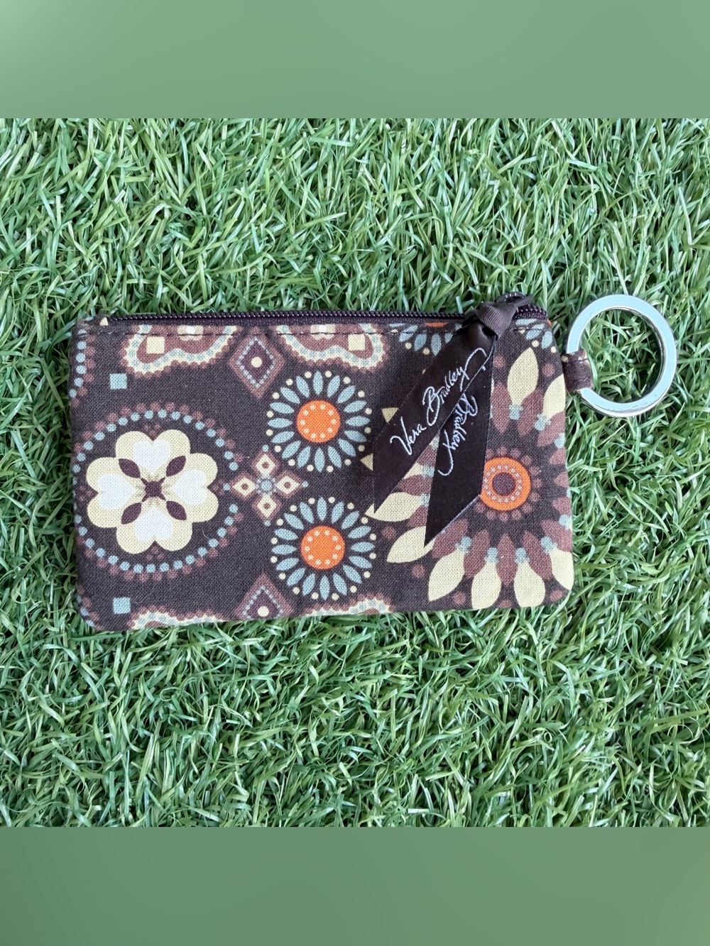 Vera Bradley Kensington Zip ID Case Coin Purse Keychain Brown Orange Retired